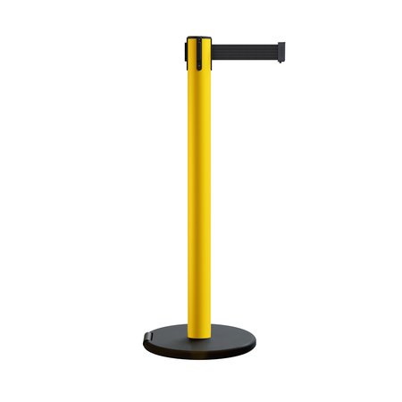 MONTOUR LINE Retractable Belt Rolling Stanchion, 3in Yellow Post, 14ft. Black Belt MSE650-YW-BK-140